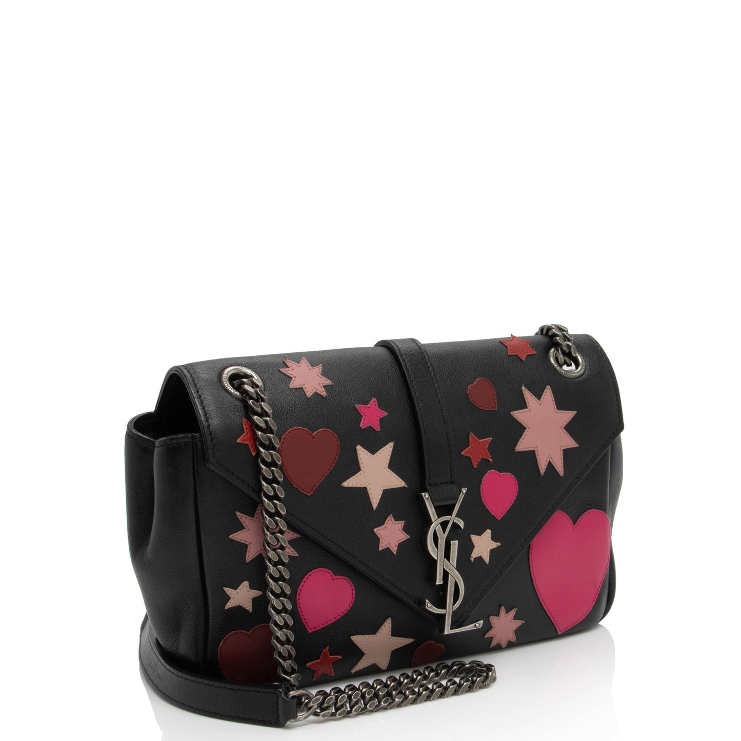 Saint Laurent Calfskin Heart Patchwork Monogram Chain Wallet (SHF-jEB9si)