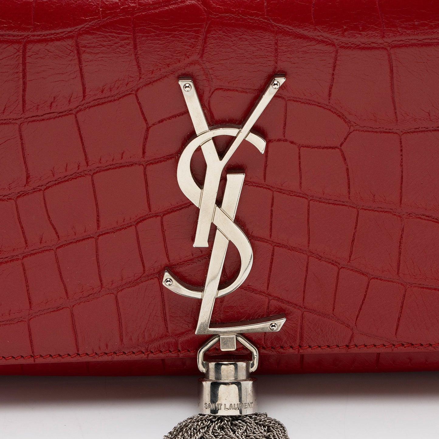 Saint Laurent Croc Embossed Leather Monogram Kate Tassel Mini Shoulder Bag