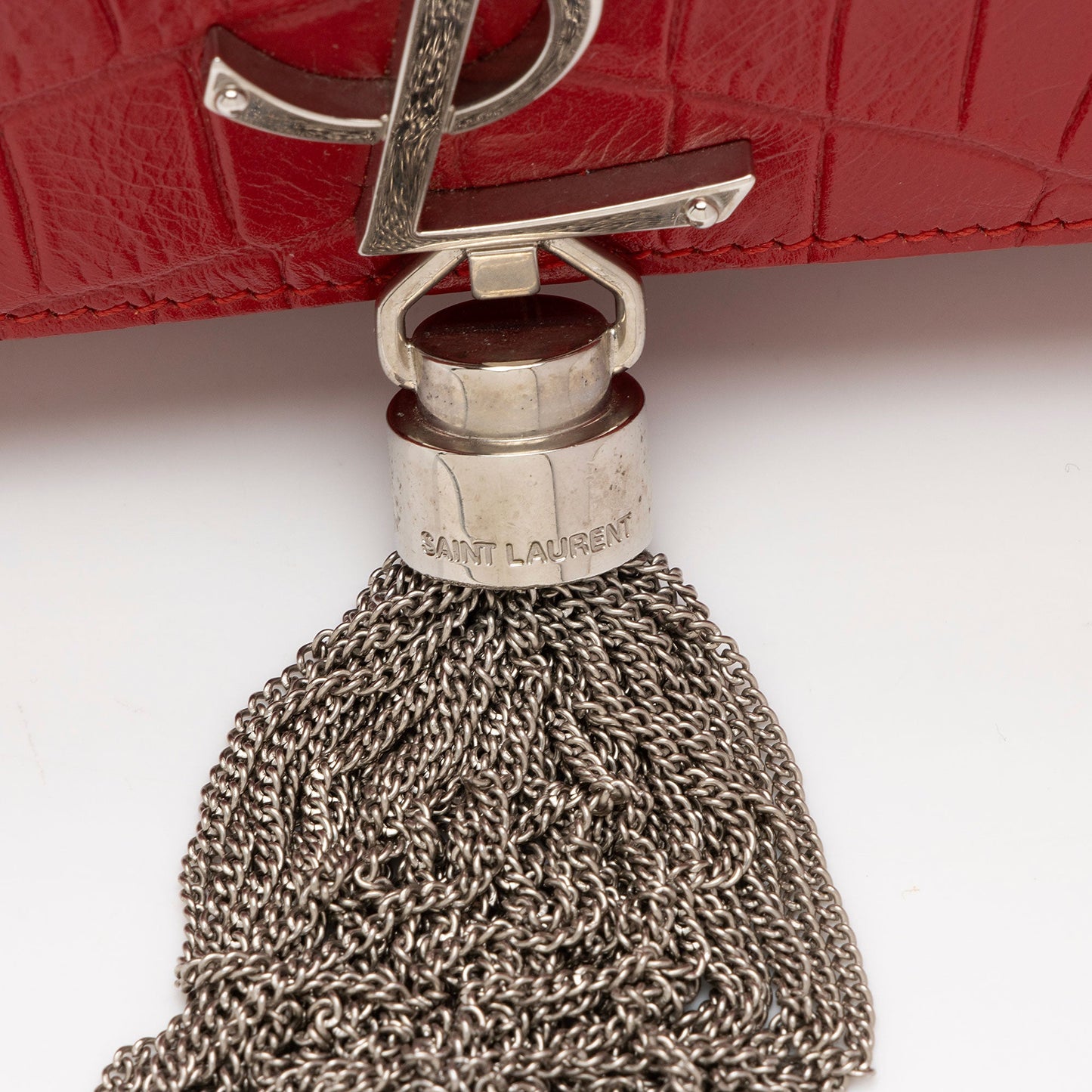 Saint Laurent Croc Embossed Leather Monogram Kate Tassel Mini Shoulder Bag