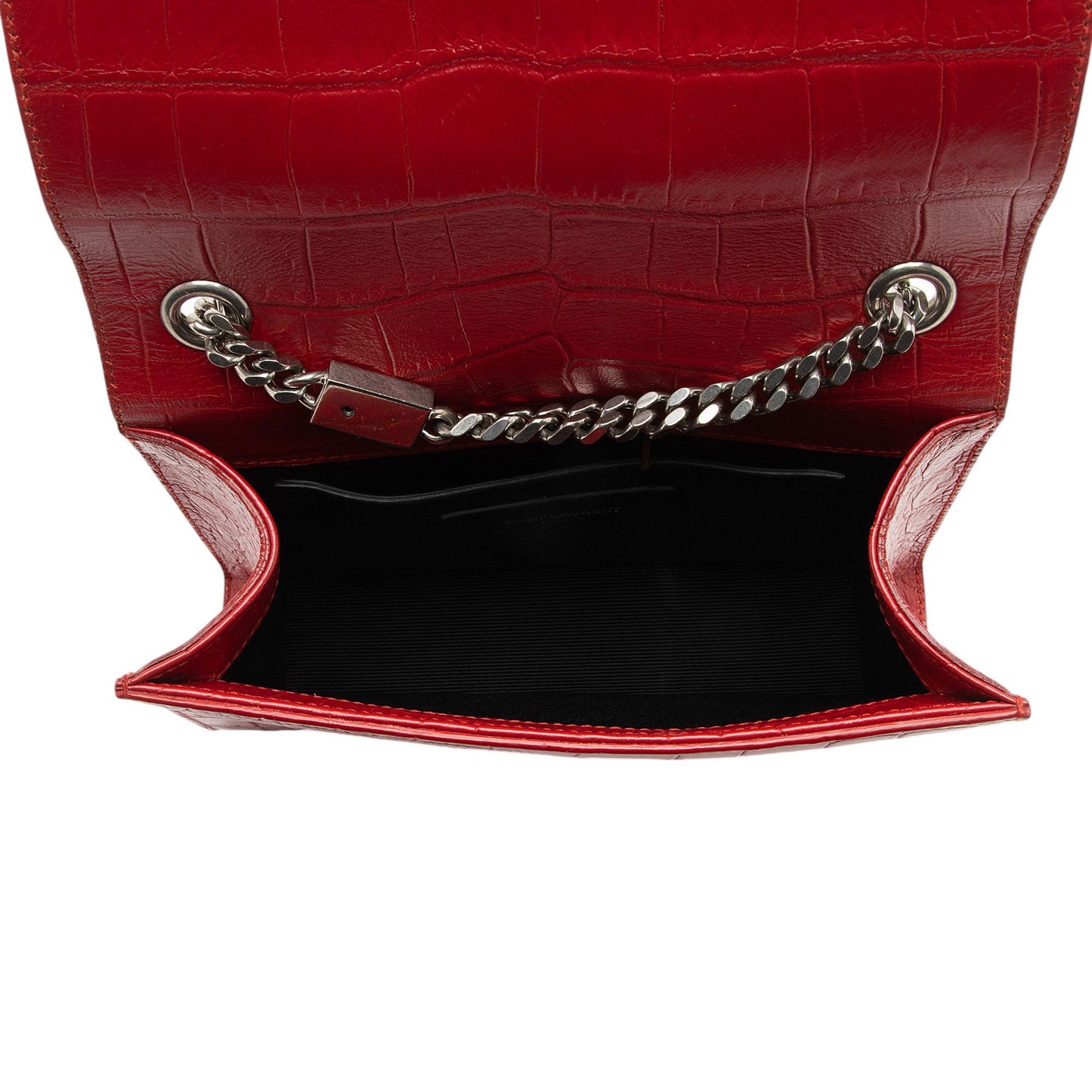 Saint Laurent Croc Embossed Leather Monogram Kate Tassel Mini Shoulder Bag