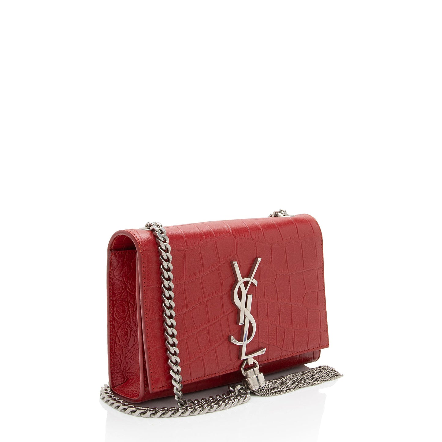 Saint Laurent Croc Embossed Leather Monogram Kate Tassel Mini Shoulder Bag