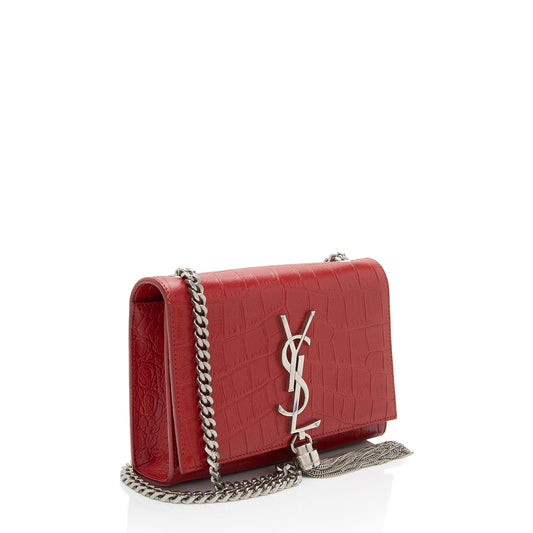 Saint Laurent Croc Embossed Leather Monogram Kate Tassel Mini Shoulder Bag