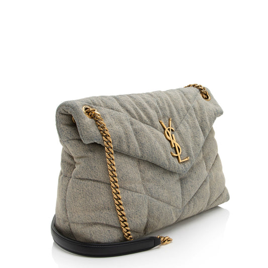 Saint Laurent Denim Monogram Puffer LouLou Chain Medium Shoulder Bag