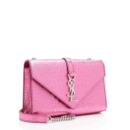 Saint Laurent Metallic Croc Embossed Leather Monogram Small Envelope Bag