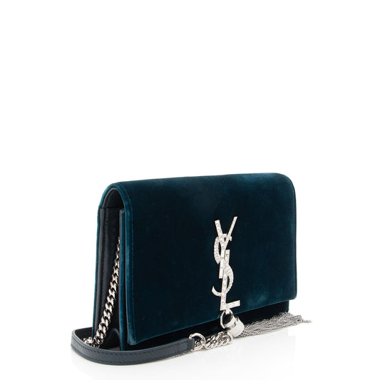 Saint Laurent Velvet Crystal Monogram Kate Tassel Chain Wallet