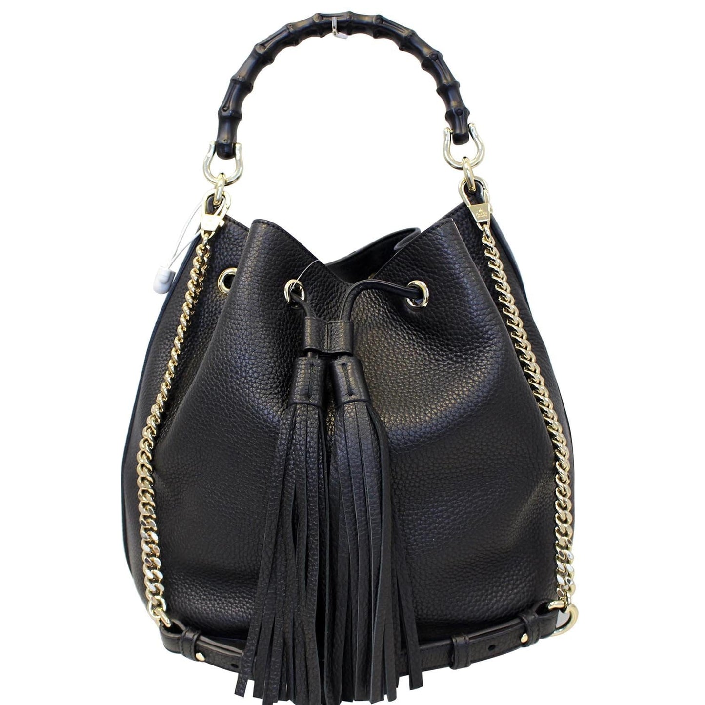 GUCCI Miss Bamboo Medium Leather Bucket Shoulder Handbag Black 387613