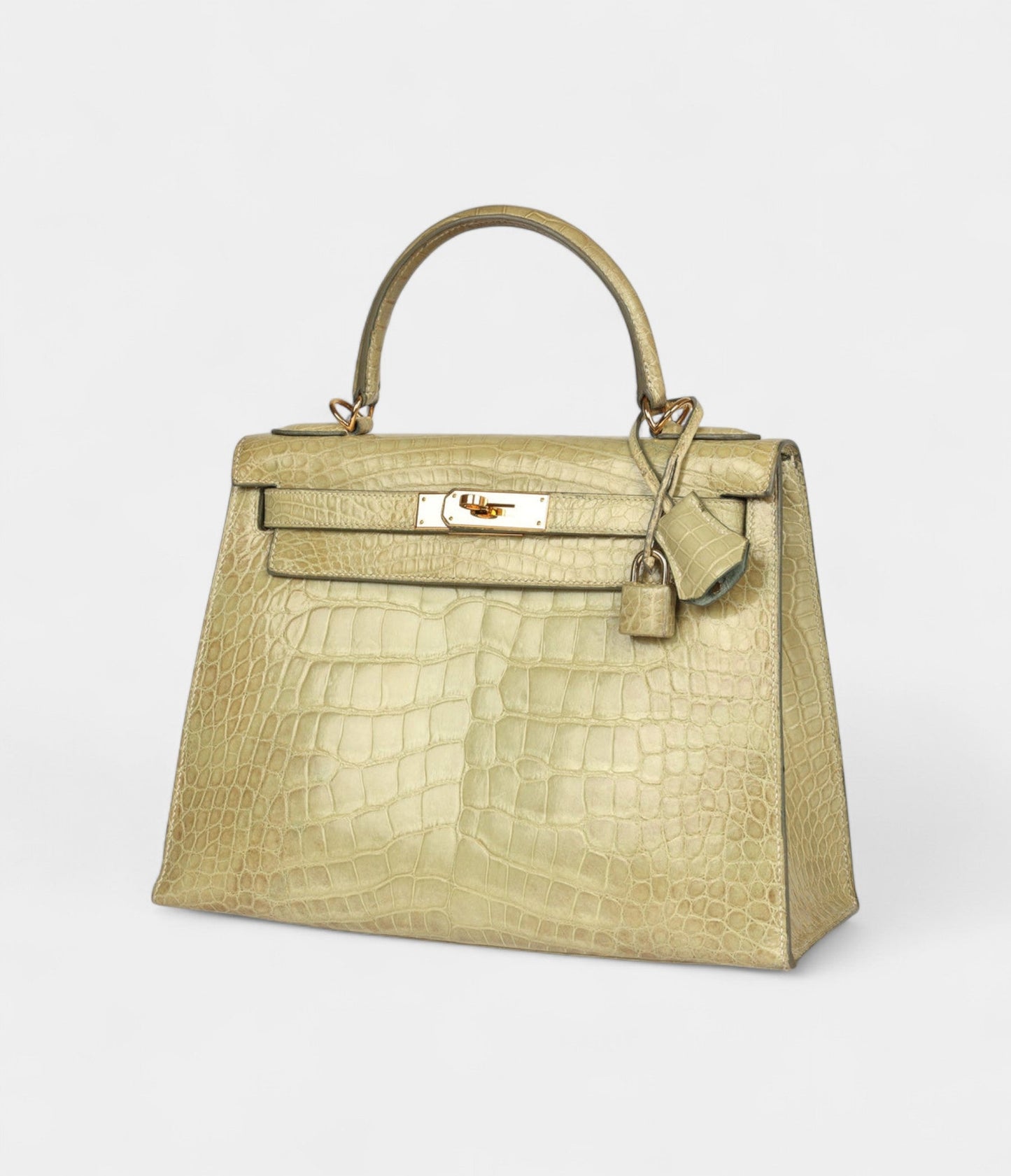 Vintage Hermes Kelly 28 Celadon Natura Shiny Alligator Gold Hardware