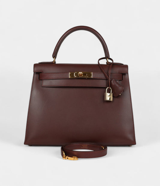 Vintage Hermes Kelly 28 Noisette Box Gold Hardware