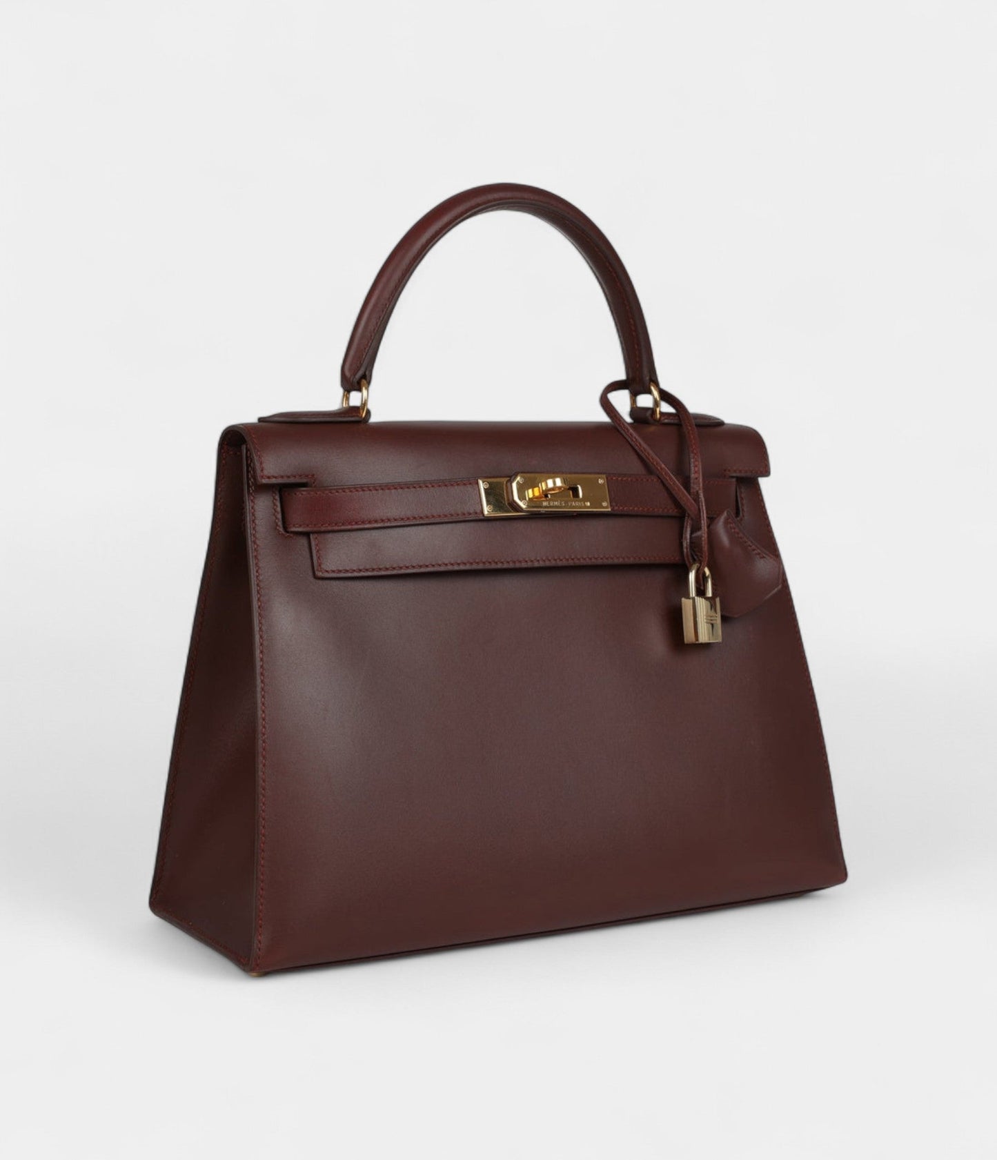 Vintage Hermes Kelly 28 Noisette Box Gold Hardware