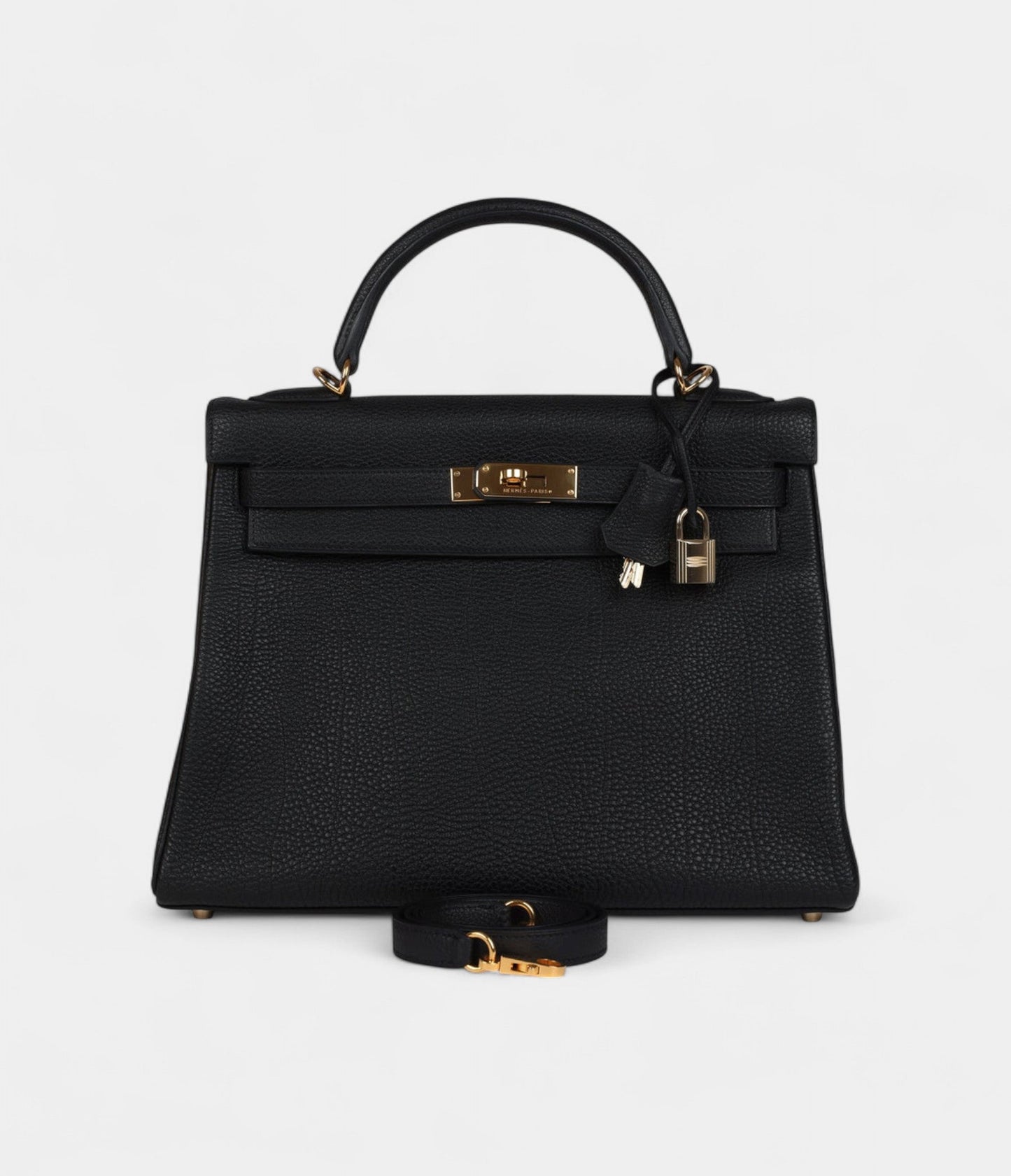 Vintage Hermes Kelly 32 Retourne Black Fjord Gold Hardware