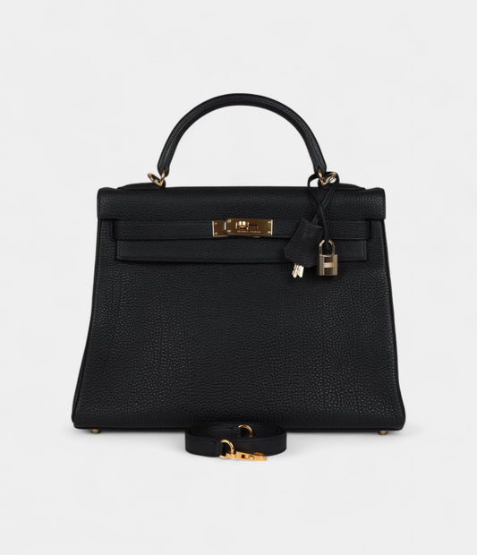 Vintage Hermes Kelly 32 Retourne Black Fjord Gold Hardware