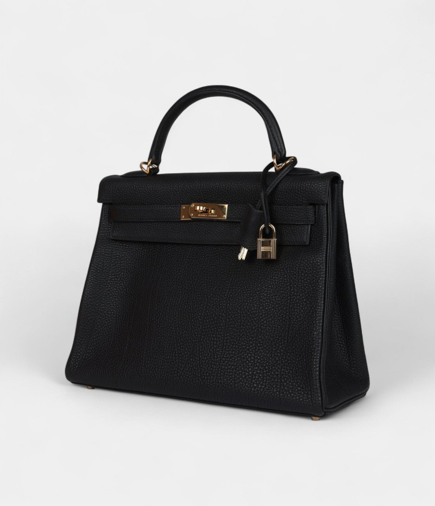 Vintage Hermes Kelly 32 Retourne Black Fjord Gold Hardware