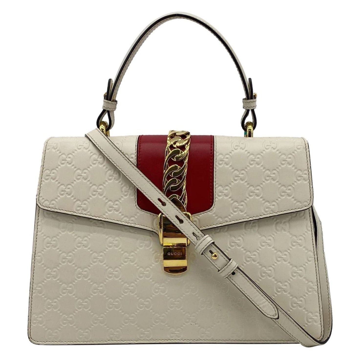 GUCCI Sylvie Medium GG Signature Leather Top Handle Shoulder Bag Off White 431665
