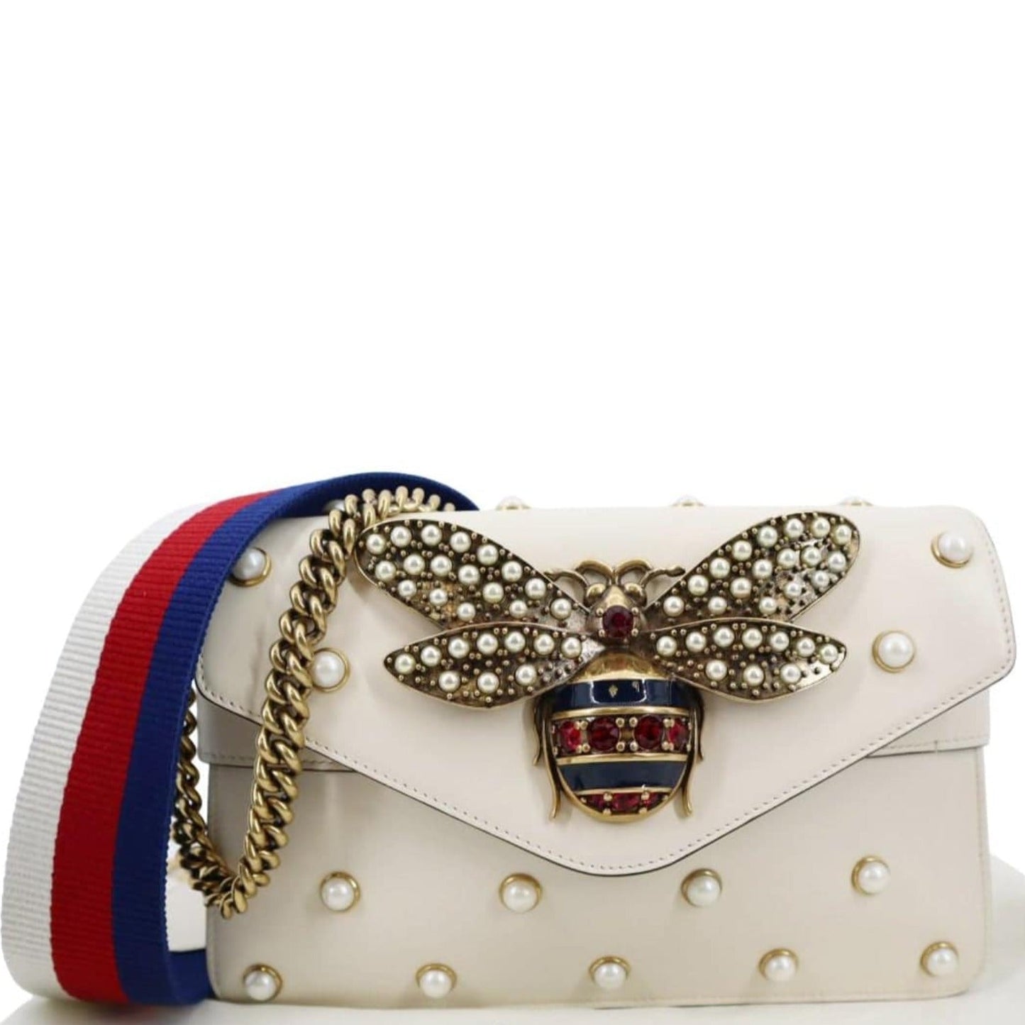 GUCCI Pearl Studded Mini Bee Broadway Leather Shoulder Bag White