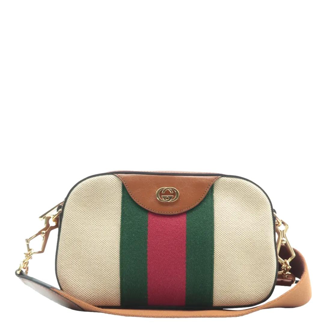 GUCCI Vintage Web Canvas Shoulder Bag Beige 575073