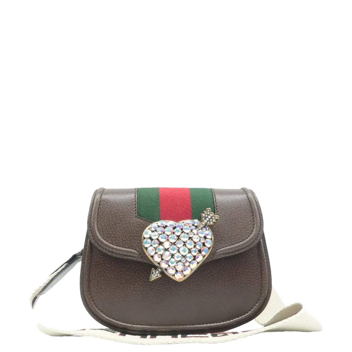 GUCCI Jeweled Heart Leather Totem Crossbody Bag Brown 500756