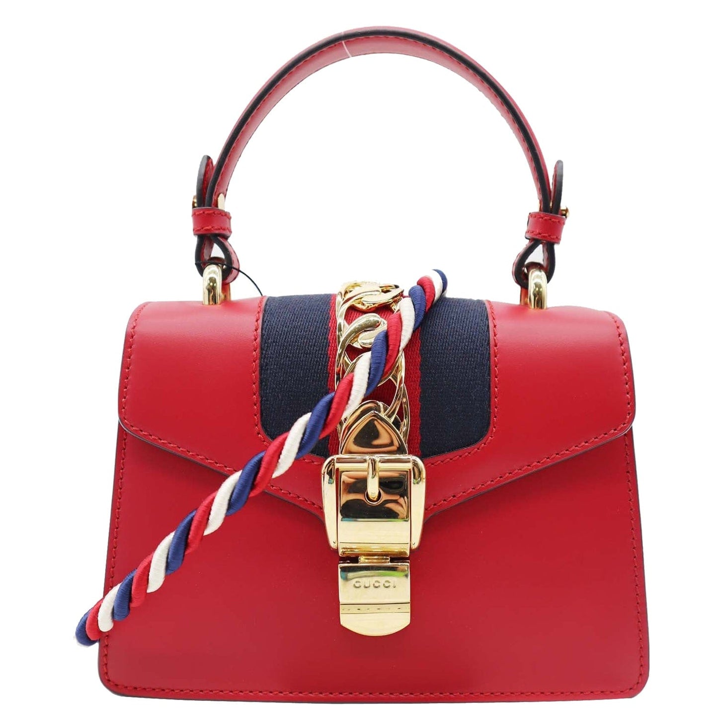 GUCCI Sylvie Mini Leather Top Handle Crossbody Bag Hibiscus Red 470270