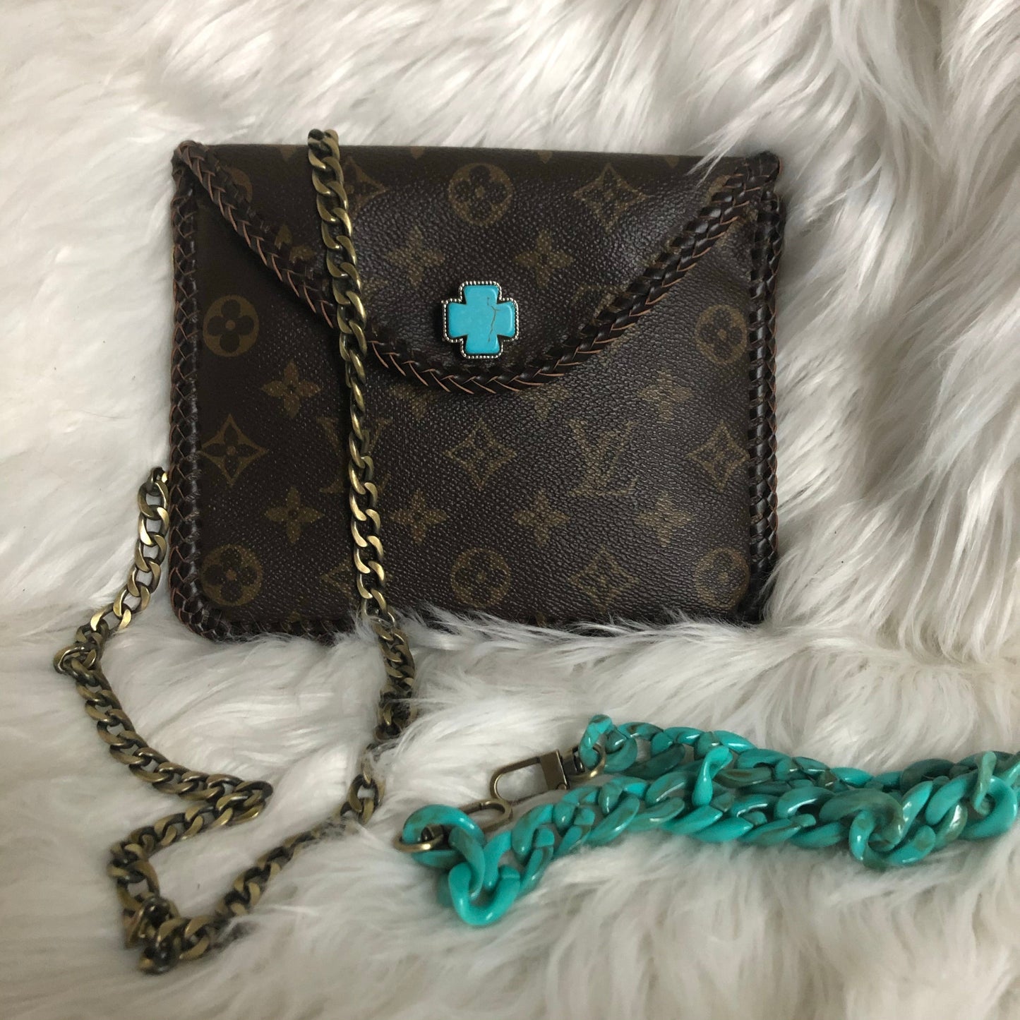 Kathy's Special Falcon - Turquoise Monogram Wristlet/Crossbody/Clutch with back pocket