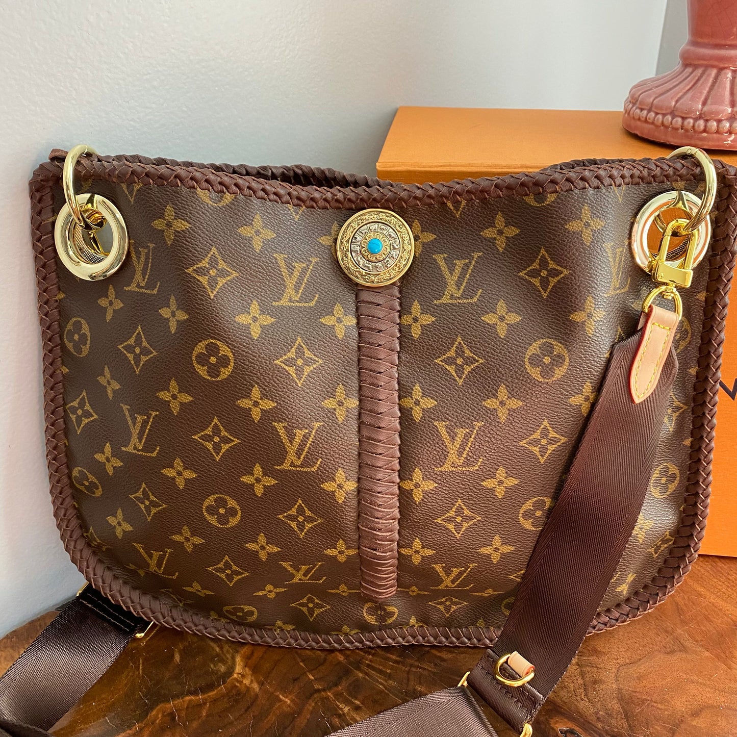 The Peacock -Orvis bags Monogram Hobo Crossbody in Brown - Gold Hardware