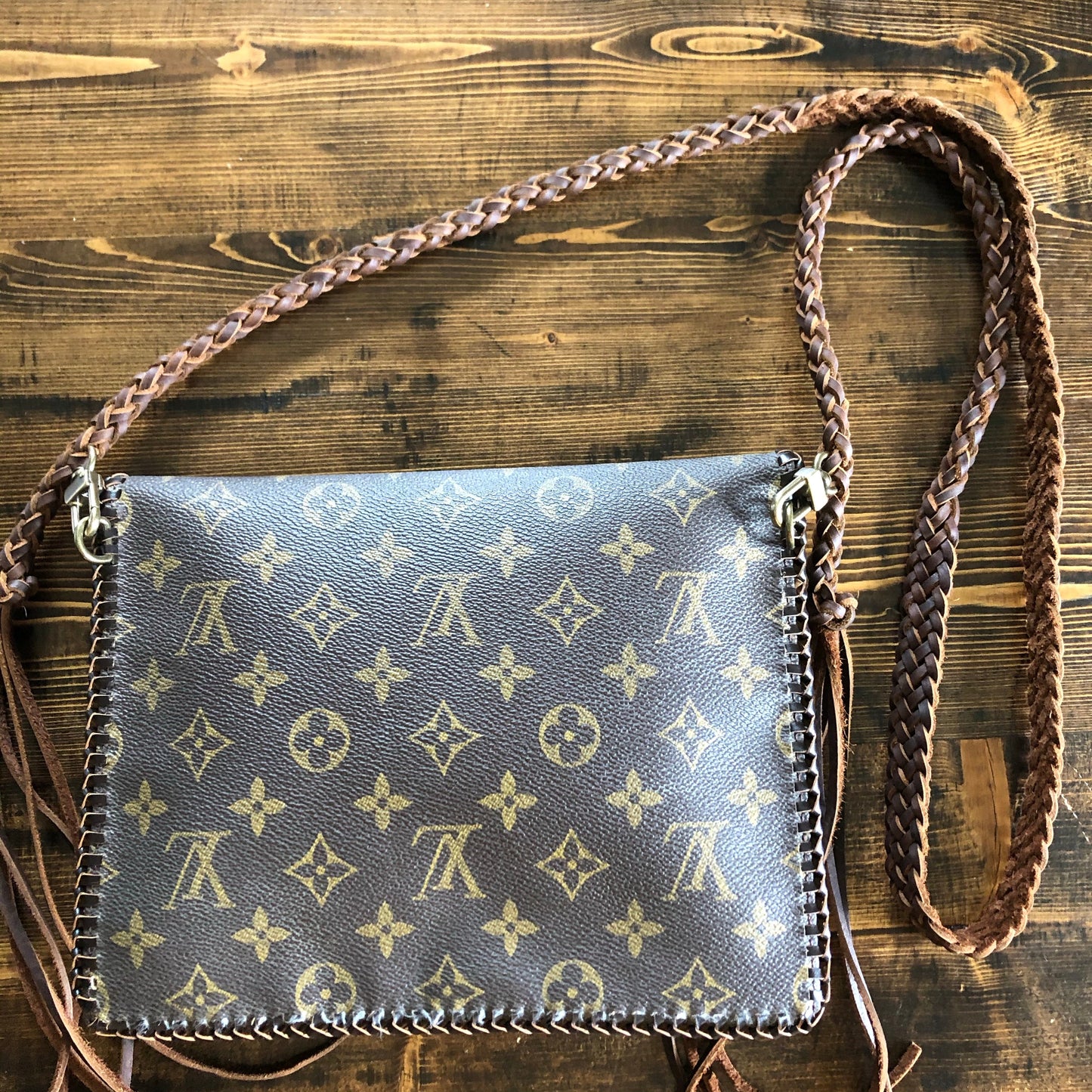 The Warbler Crossbody/Clutch in Monogram with Tooled Leather