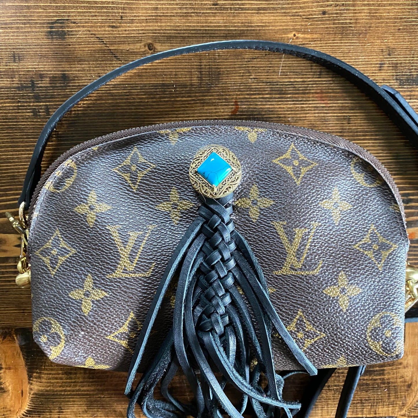 The Junco -Orvis bags Monogram in Black with Turquoise Crossbody Bag