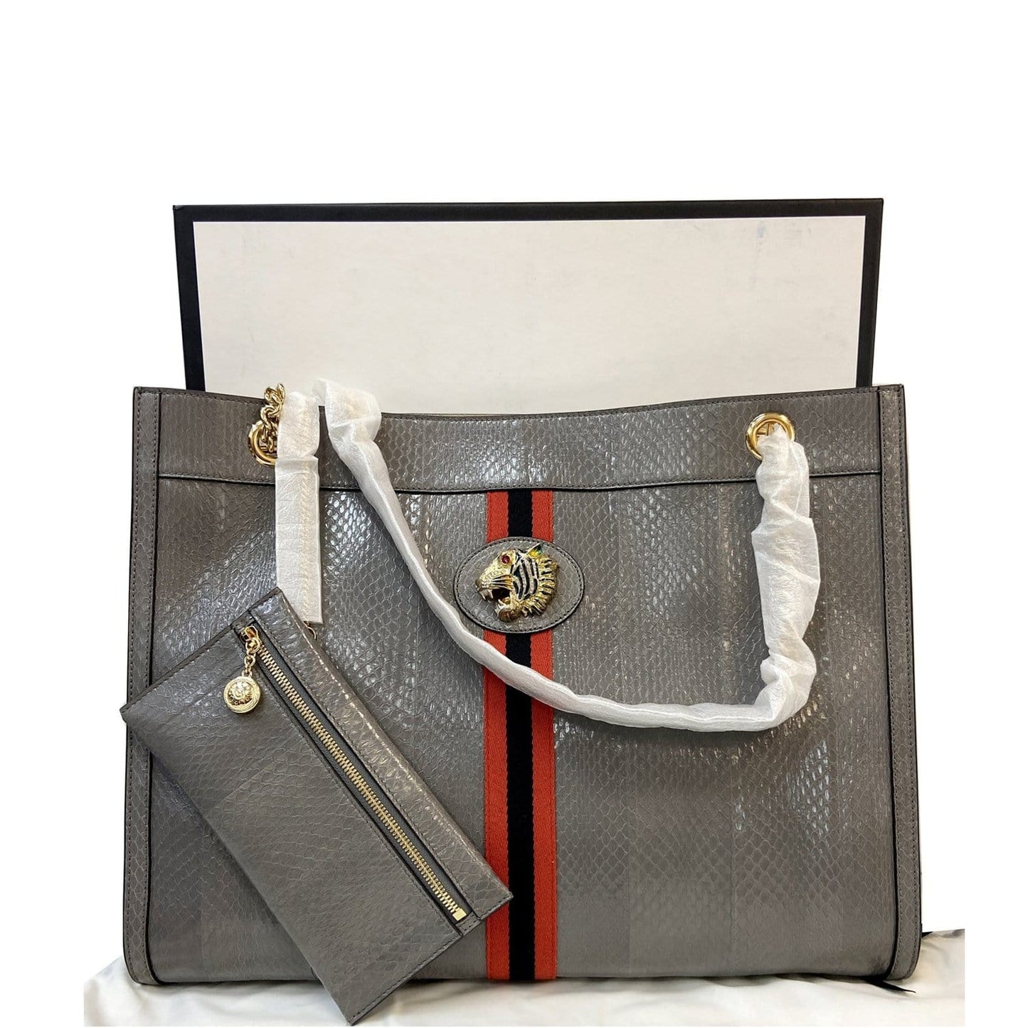 GUCCI Rajah Large Snakeskin Tote Shoulder Bag Dusty Grey